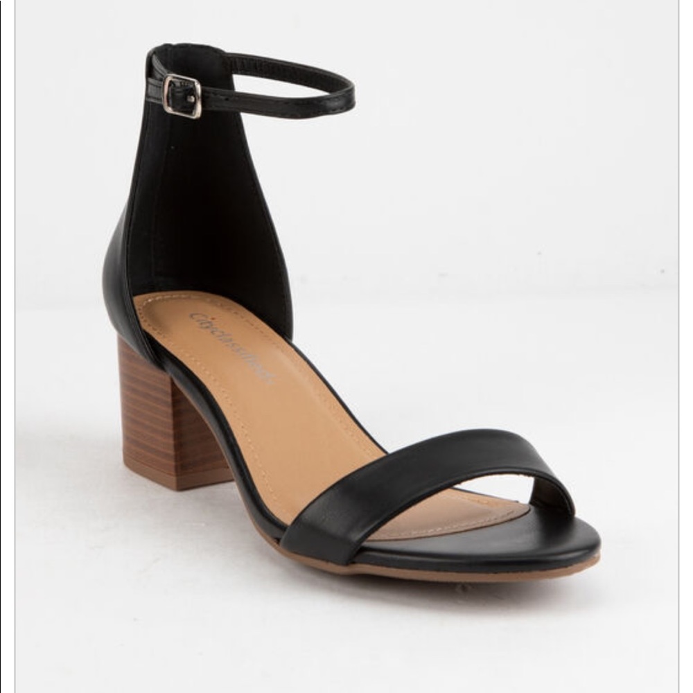 Ankle Strap Stacked Black Womens Heeled Sandals
